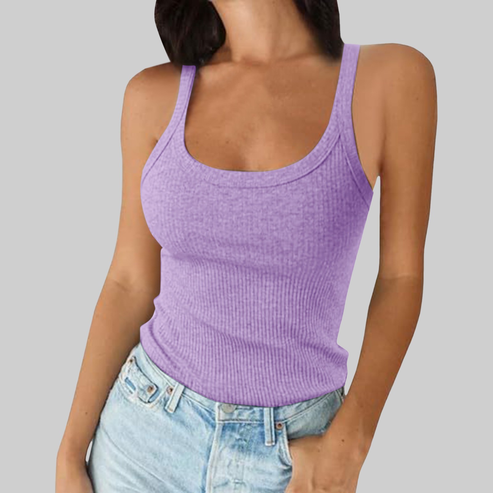 thumbnail image 2 of Camiseta sin mangas de cuello redondo y tirantes finos para mujer - Camiseta ajustada de algodón, camiseta informal sin mangas para combinar en primavera/verano, 2 of 4
